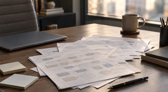 The Cost of Problems You Can’t See on a P&L Overlapping workflow sheets on an office desk beside a closed laptop