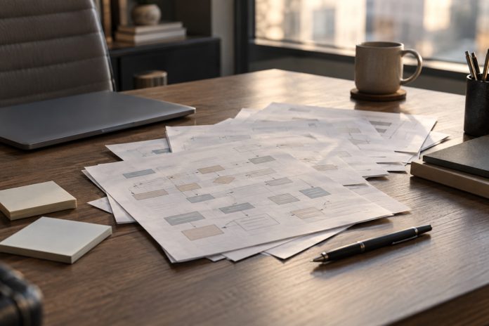 Overlapping workflow sheets on an office desk beside a closed laptop