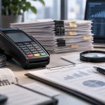 Payment terminal, credit cards, receipts, and financial documents arranged on a desk for compliance review.
