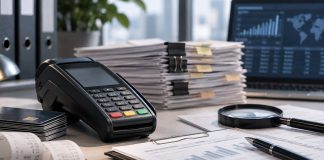 Payment terminal, credit cards, receipts, and financial documents arranged on a desk for compliance review.