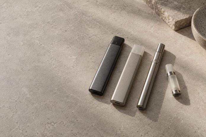 Unbranded integrated vaporizers beside a reusable battery and cartridge.
