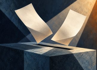 Cannabis on the Ballot 2026: Reform Pushback Stylized illustration of two ballots suspended above a ballot-box slot.