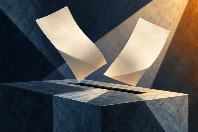 Stylized illustration of two ballots suspended above a ballot-box slot.