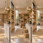 Three views of the same warm, wood-lined retail interior, progressing from sparse shelves to expanding inventory to organized displays.