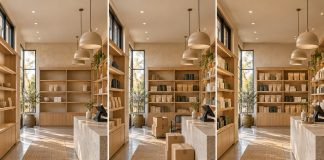 Three views of the same warm, wood-lined retail interior, progressing from sparse shelves to expanding inventory to organized displays.