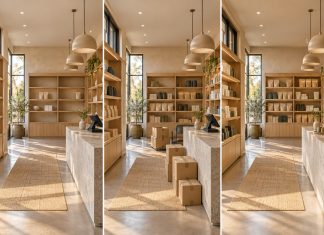 Three views of the same warm, wood-lined retail interior, progressing from sparse shelves to expanding inventory to organized displays.
