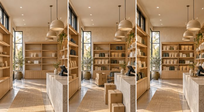 How Cannabis Markets Mature: Lessons for Operators Three views of the same warm, wood-lined retail interior, progressing from sparse shelves to expanding inventory to organized displays.