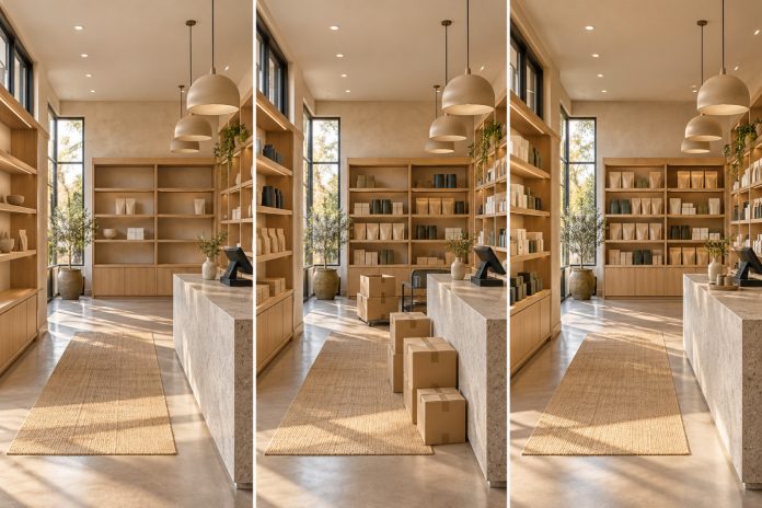 Three views of the same warm, wood-lined retail interior, progressing from sparse shelves to expanding inventory to organized displays.