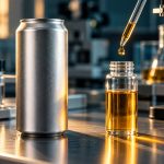 THC Beverage Testing Needs a Referee Unbranded aluminum beverage can beside a liquid sample and laboratory testing equipment.