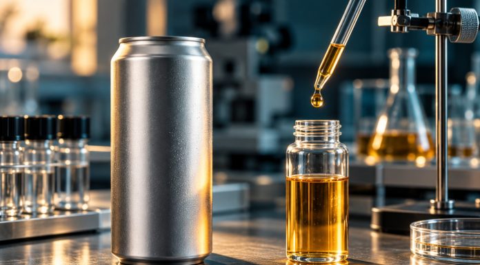 Unbranded aluminum beverage can beside a liquid sample and laboratory testing equipment.