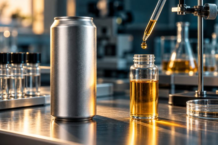Unbranded aluminum beverage can beside a liquid sample and laboratory testing equipment.