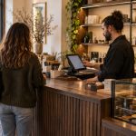 Retail employee uses a touchscreen POS while serving a customer at a wood checkout counter.
