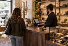 From High Risk to High Performance: Building a Stronger Retail Operation Retail employee uses a touchscreen POS while serving a customer at a wood checkout counter.