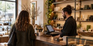 Retail employee uses a touchscreen POS while serving a customer at a wood checkout counter.