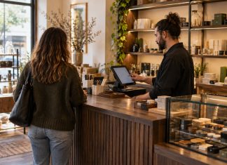 Retail employee uses a touchscreen POS while serving a customer at a wood checkout counter.
