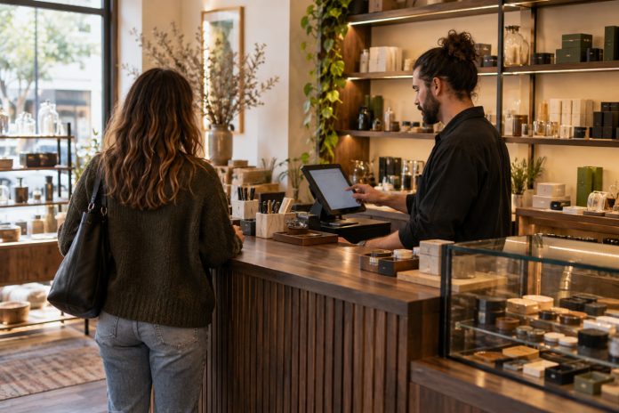 high-risk retail payments POS operations Retail employee uses a touchscreen POS while serving a customer at a wood checkout counter.