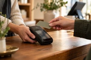 Customer holds a card above a portable payment terminal held by a retail clerk.