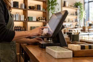 Close-up of a retail employee operating a touchscreen POS at a checkout counter.
