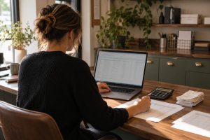 Retail manager reviews transaction records on a laptop beside receipts and a calculator.